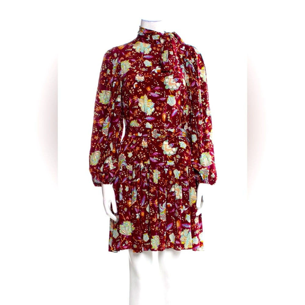 Ulla Johnson burgundy floral, tiny neck, long sleeve mini dress. 100% Silk.